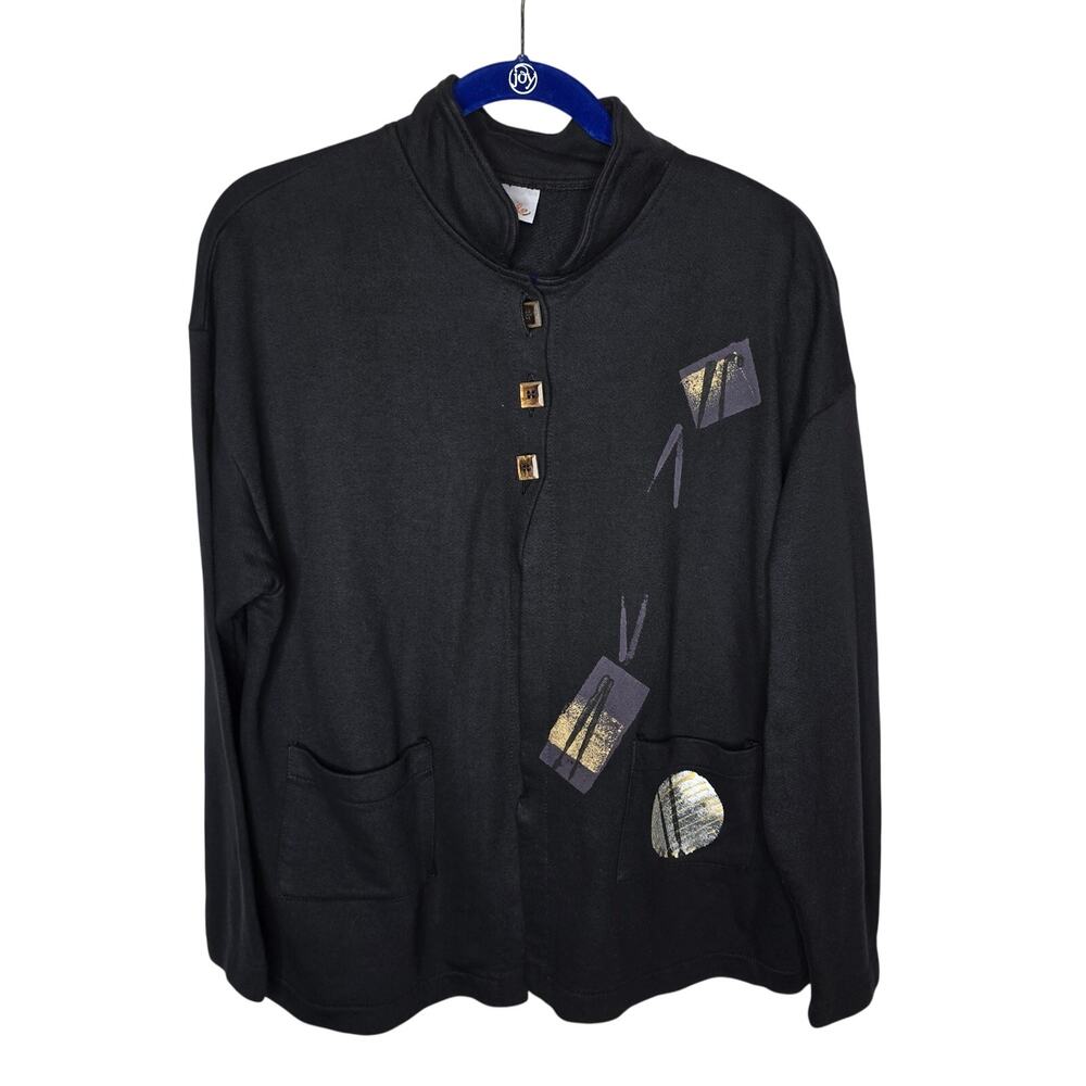 Vintage Odile Button High Mock Neck Collar Black Art to Wear Jacket Size Small